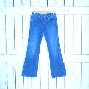 90s vintage blue denim studded beaded flare jeans